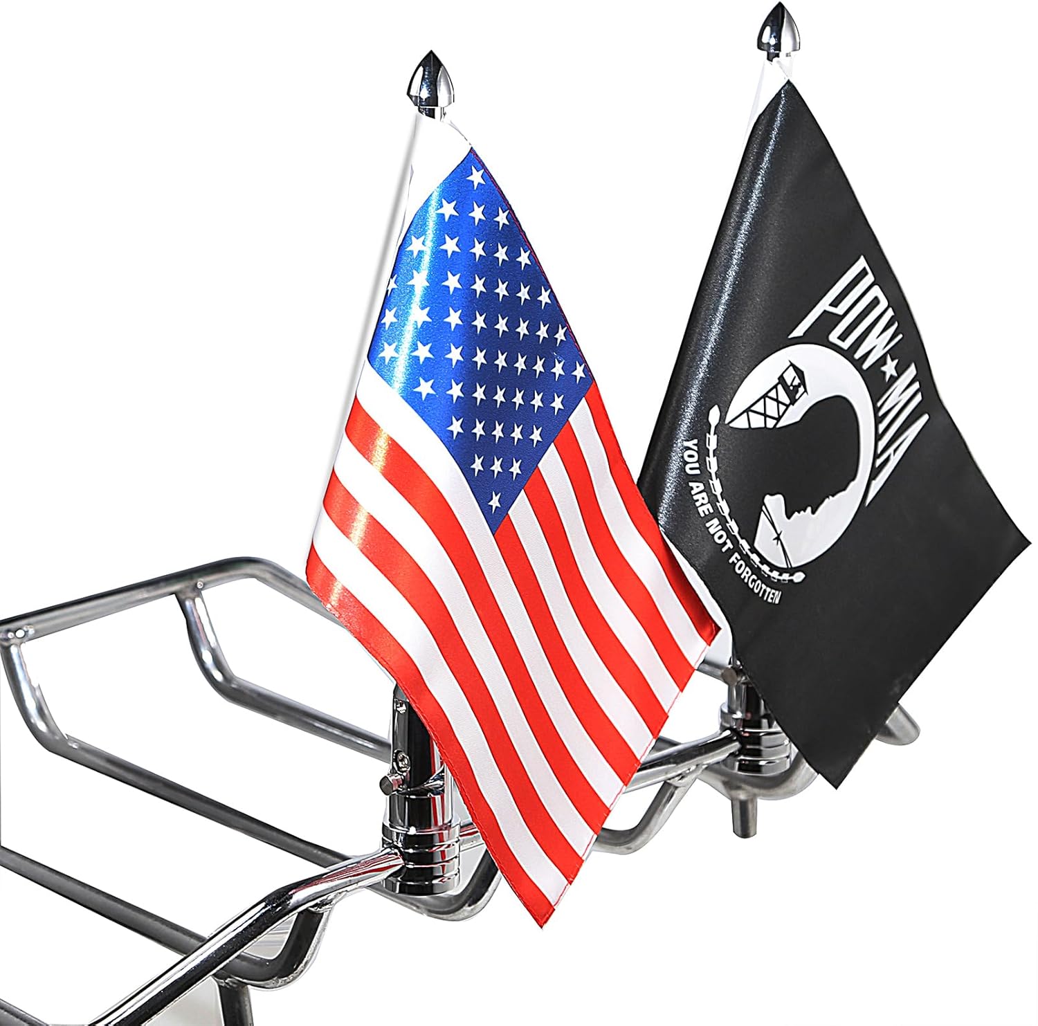 2 Pack Motorcycle Flag Pole Mount Kits Compatible For Harley Touring Spring Honda Gold Wing With Tour Pak 1/2'' Luggage Rack (Chrome Flagpole+Red US Flag+Black Pow Mia Flag)