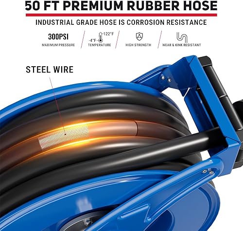 Vista 73 de Carrete de manguera de combustible diésel retráctil de 1 pulgada x 50 pies con boquilla de combustible, carrete de manguera diésel de 300 PSI