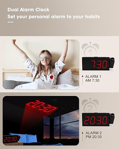 Vista 22 de OnLyee Reloj despertador de proyección para dormitorio, LED digital en pared de techo con carga de teléfono USB, batería de respaldo, proyector Negro