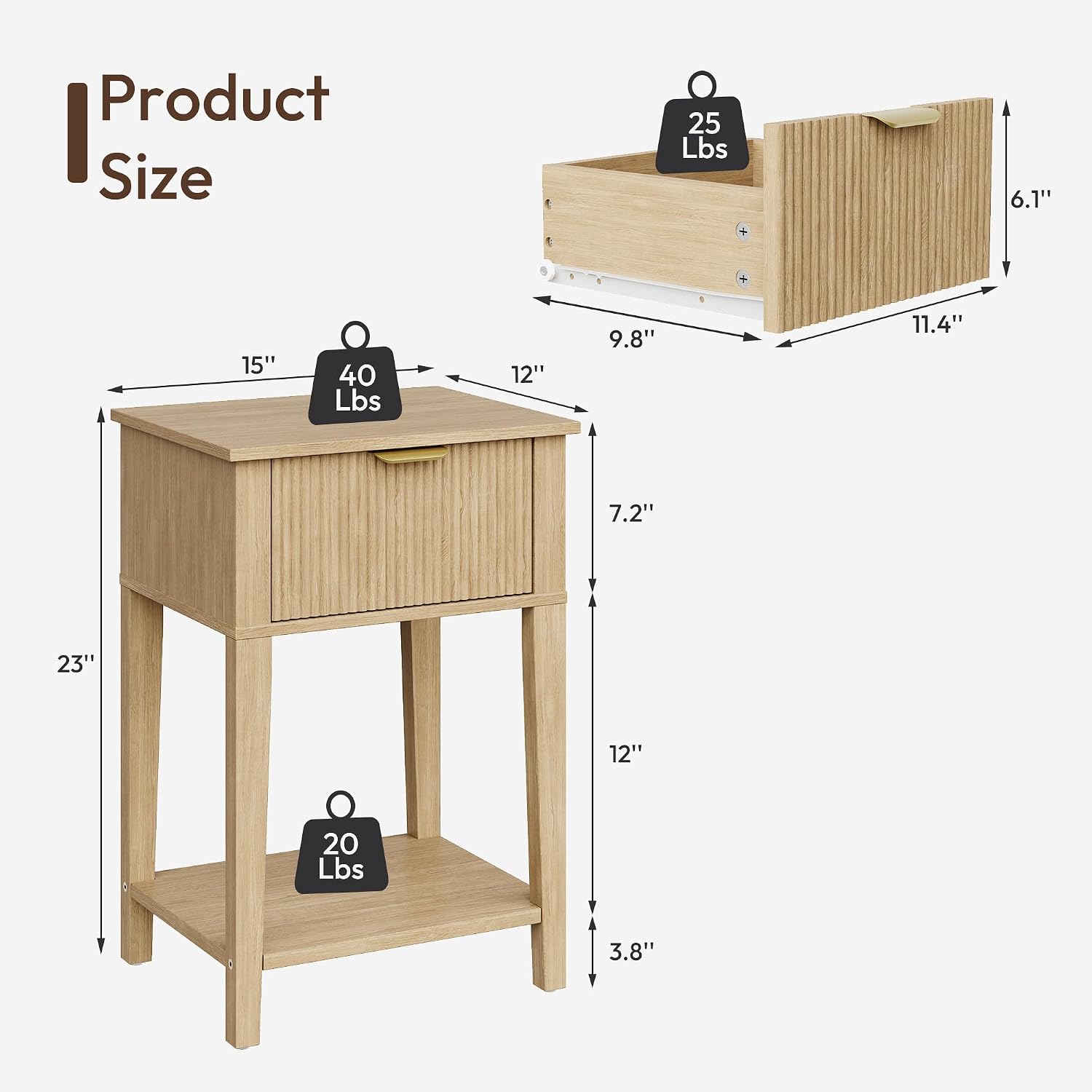 Fluted Wood Nightstand with Drawer, Small 12" Shallow Depth Bedside Table, Boho Japandi Compact Accent End Table, 15" W x 12" D x 23" H, Oak