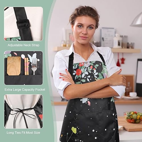 Miniatura 4 de Delantal para mujer con bolsillos, 2 delantales florales impermeables con correa ajustable para el cuello para cocinar, hornear, jardinería,