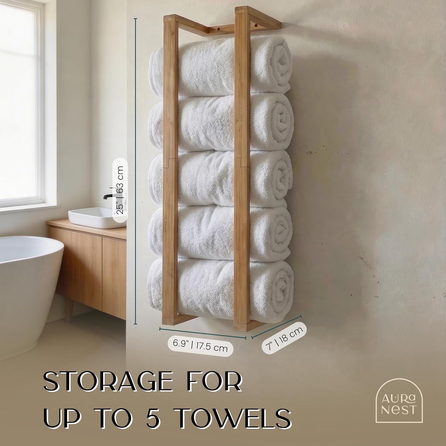 Bamboo Towel Racks - Vertical Wood Towel Rack Bamboo Bathroom Accessories, Storage, Wall Towel Rack for Rolled Towels for Bathroom Furniture, Spa Furniture and Decor