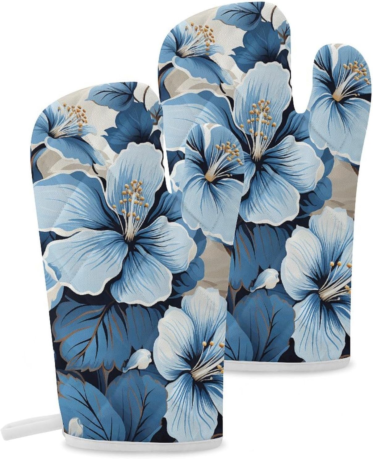 2 Pcs Oven Mitts Heat Resistant Kitchen Gloves Soft Safety Blue Hibiscus Flower Oven Glove for Microwave, Barbecue