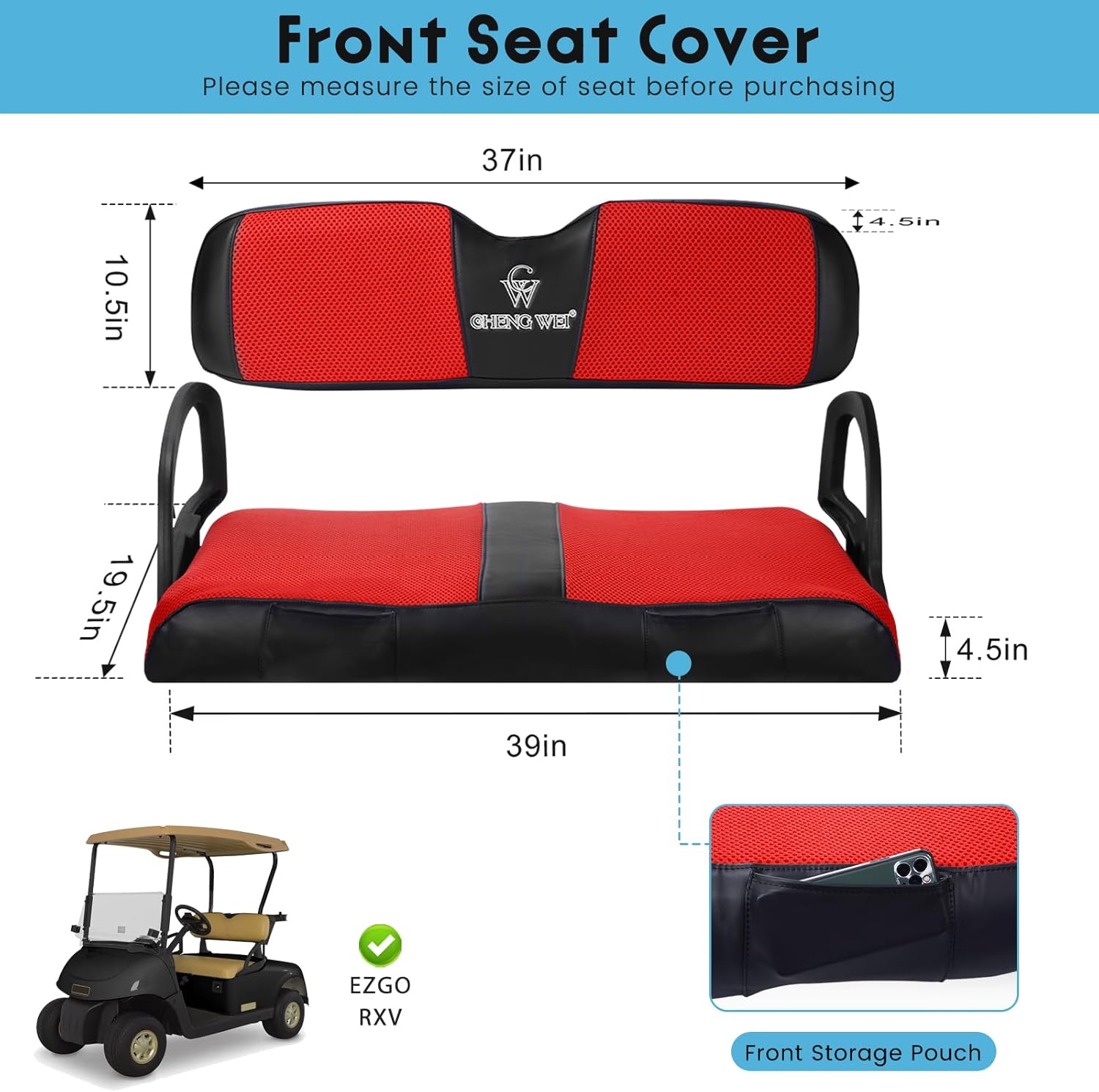 chengwei golf cart seat covers for ezgo rxv front standard seat cushion,cooling mesh fabric and vinyl leather ezgo seat covers with pockets,no stapler needed replacement front seat cover(red) for ezgo rxv front seat red