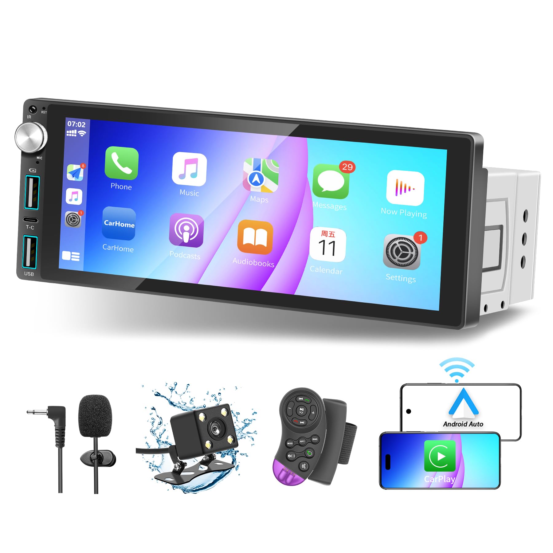 Radio de Coche Bluetooth 1-DIN con CarPlay y Android Auto, con Reproductor de Pantalla táctil de 6,9 Pulgadas, Mirror Link/RDS Radio FM/USB/Tipo-C/Micrófono/Cámara de Marcha atrás/Mando a Distancia.