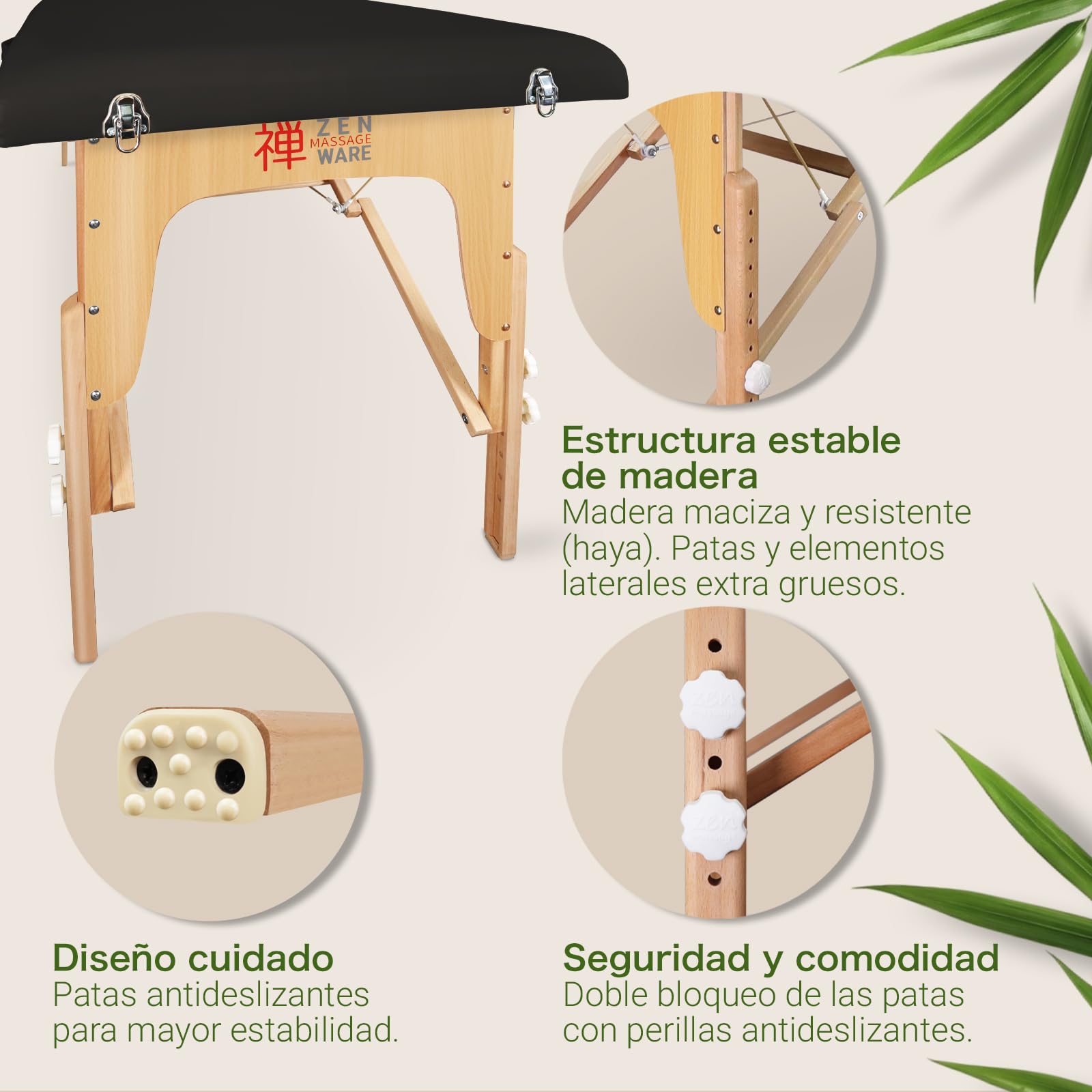 Zen – Camilla Masaje Plegable Mobile Startup de Altura Regulable - Camilla estetica sólida de Madera Maciza - Camilla Plegable con cabecera Regulable, reposabrazos y Bolsa de Transporte Negro