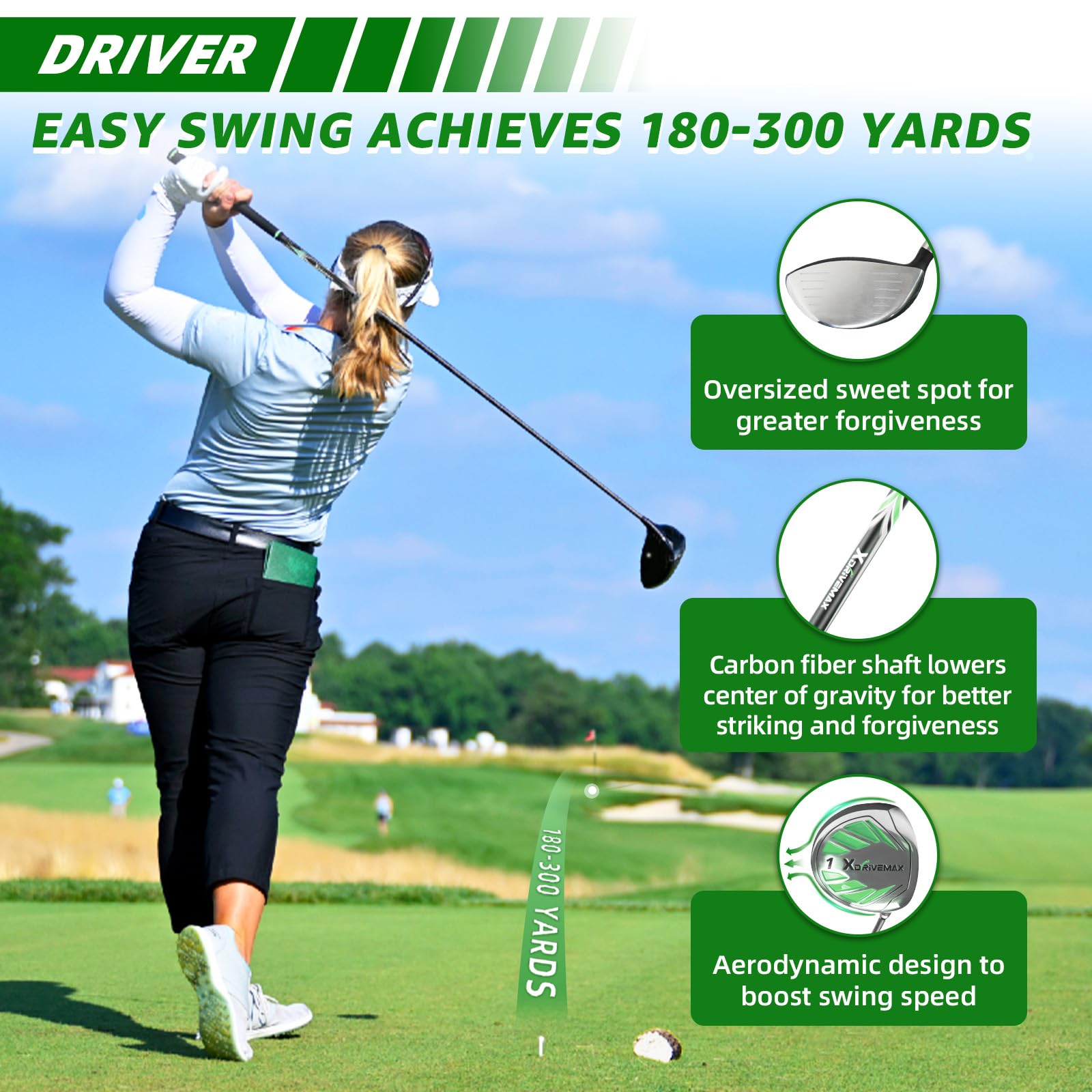 XDriveMax 10 Teilige Komplettes Damen Golfschläger Set, Golf Set Rechtshänder,Inklusive Cart Bag mit Regenhaube, 1#Driver 3#Wood #5 Hybrid, mit 3 Kopfhüllen, 6# 7# 8# 9# PW# Eisen und Putter