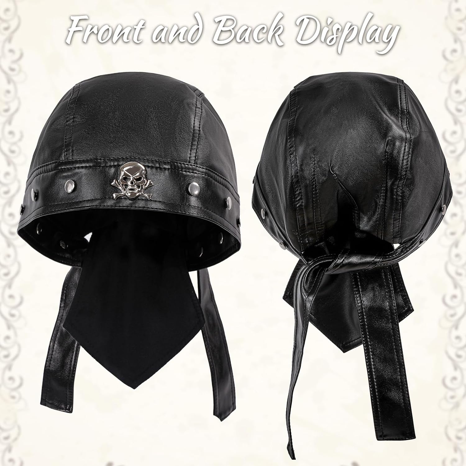 Leather Biker Cap Skull Bandana Do Rag Head Wrap Motorcycle Hat Costume Props for Men Women Halloween Party Black