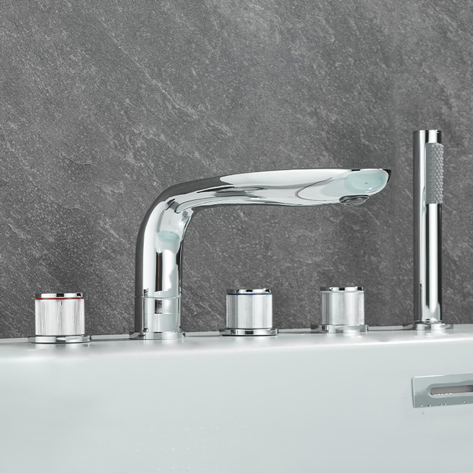 Robinet de bain avec douchette à main mitigeur 5 trous en laiton