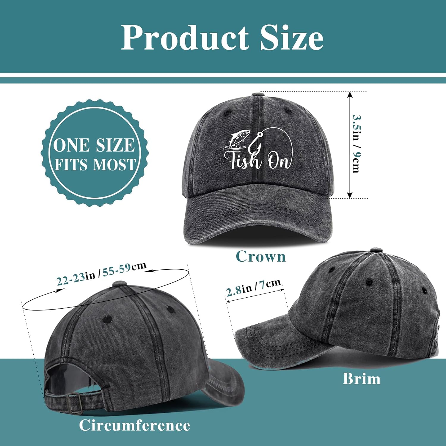 Fish On,Funny Baseball Cap,Fishing Baseball Cap,Gifts for Fishing Lover,Funny Vintage Cotton Washed Baseball Caps,One Size Black - Image 2