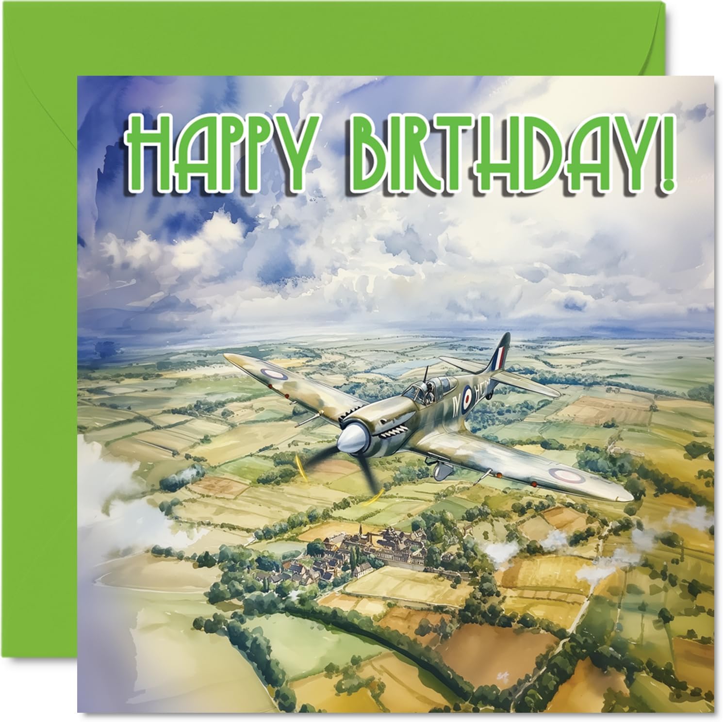 1940s Aircraft Birthday Cards - Biplane - Happy Birthday Card for Dad Mum Brother Sister Grandad Nanny Uncle Auntie Cousin, 145mm x 145mm Bday Greeting Cards