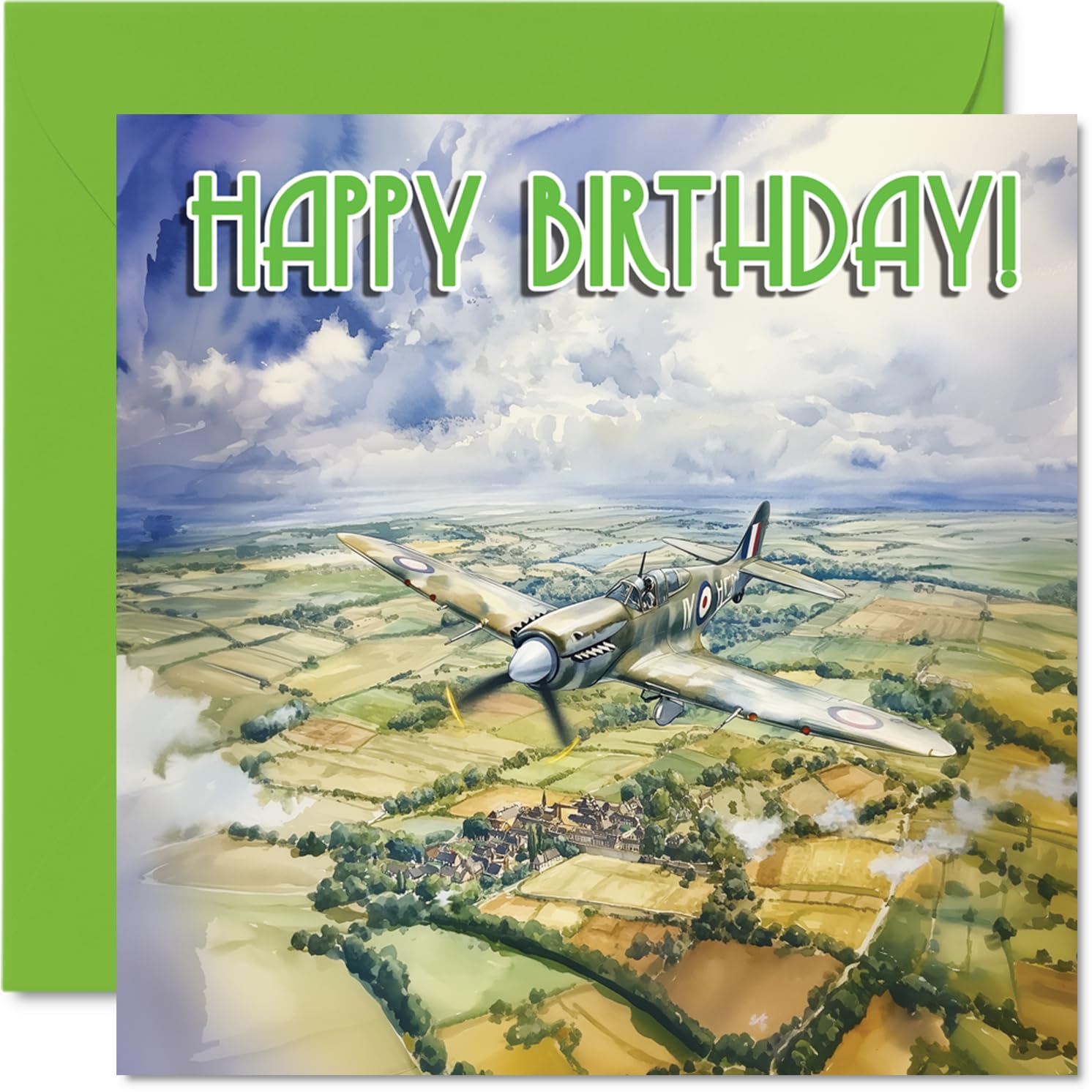 1940s Aircraft Birthday Cards - Spitfire - Happy Birthday Card for Dad Mum Brother Sister Grandad Nanny Uncle Auntie Cousin, 145mm Bday Greeting Cards