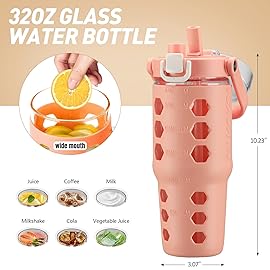 MUKOKO 32 oz Glass Tumbler with Straw,Glass Water Bottles with Time Marker,Iced Coffee Cup with Silicone Sleeve,Motivational Drinking Bottles,Leakproof-Coral Pink