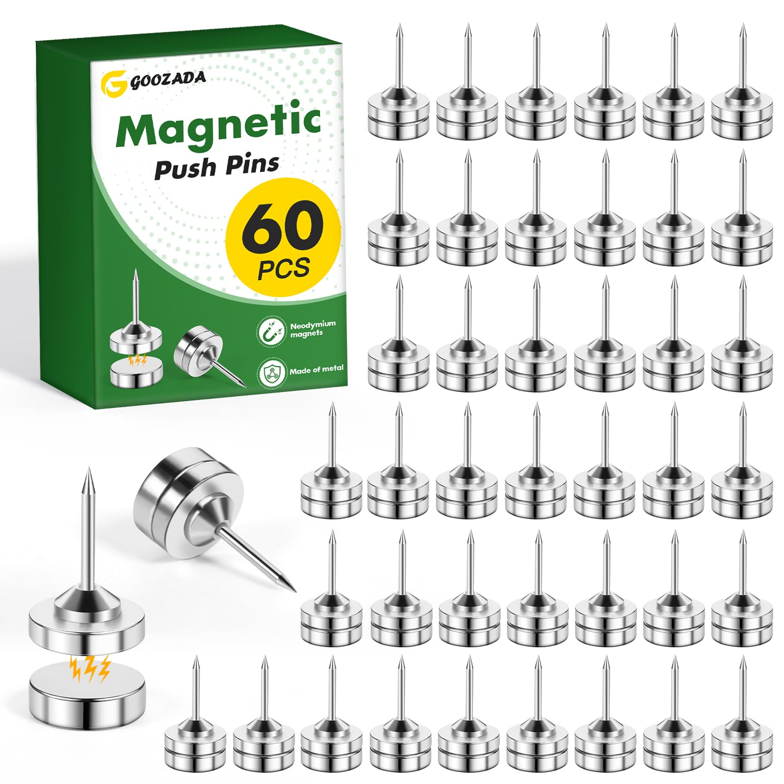 60 Stück Magnetische Pinnnadeln, Silber-Magnetnägel, Metall-Magnetnägel, Magnetklammern, Pinnwände für Korktafel, Pinnwand, Fotowand, Wand