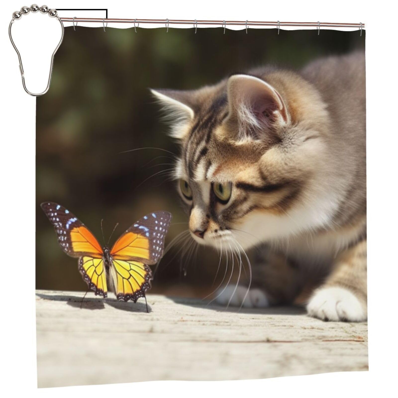 FodPand Cat and Butterfly Shower Curtain 70"x70" Waterproof Long Bathroom Curtain Heavy Duty Thick Cloth Bath Curtain Set with Hooks, Modern Abstract Art Pattern Bathroom Shower Curtains