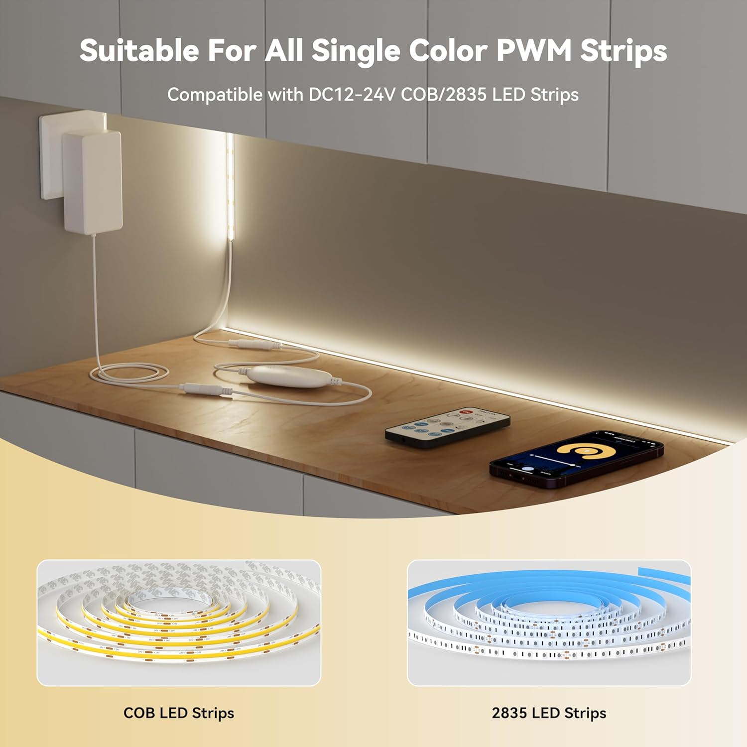 PAUTIX RF WiFi Smart Remote Dimmer for Single Color LED Strip Lights,Compatible with Alexa and Google,14-Key Wireless Remote,DC 12-24V Controller for 3528/2835/5050/COB LED Strip Light - Image 8