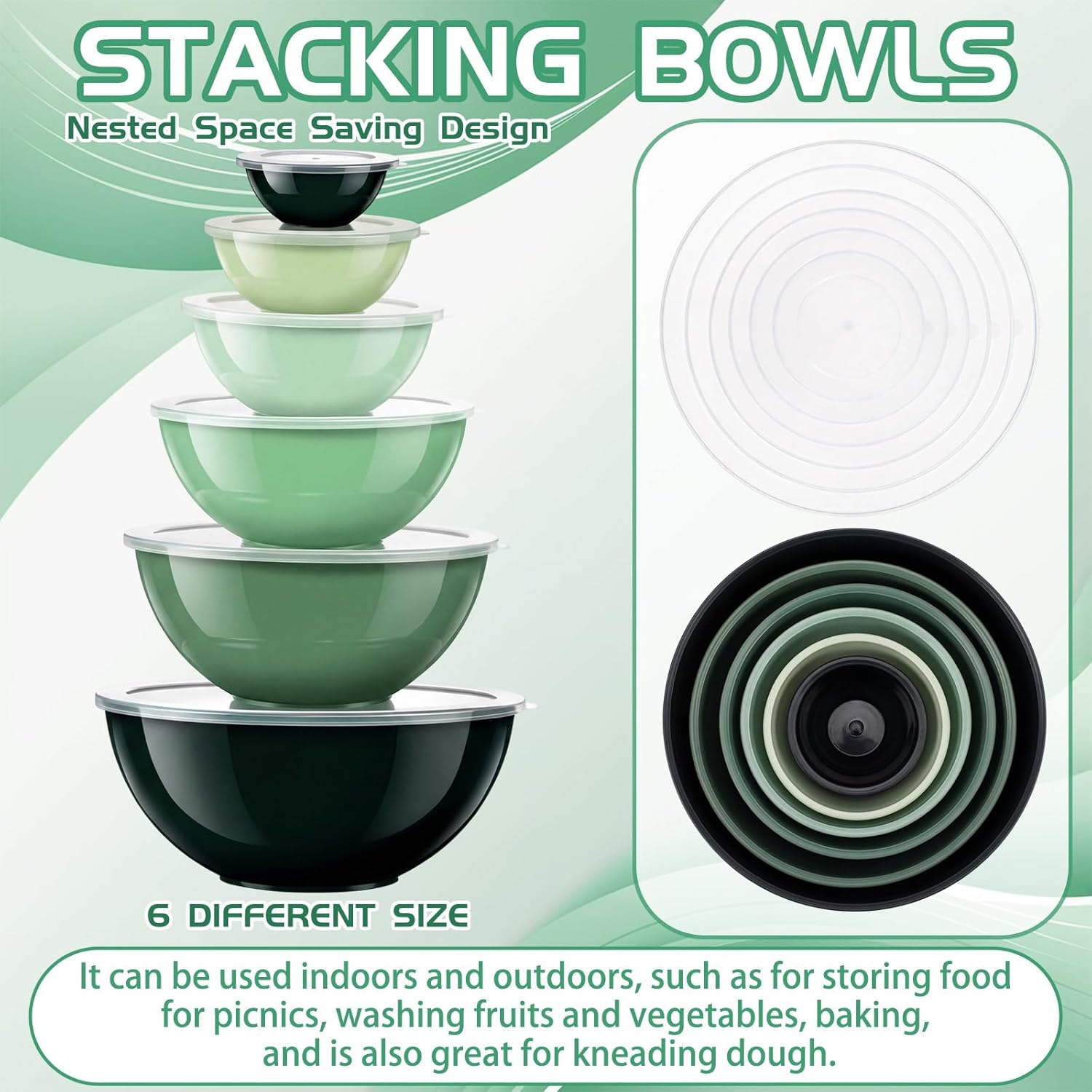 LemonRoad 6 Pcs Plastic Mixing Bowl Set with Lids Colorful Serving Bowl Nesting Storage Bowls for Kitchen, Baking, Prepping, Cooking and Serving Food, Dishwasher & Microwave Safe(Green)