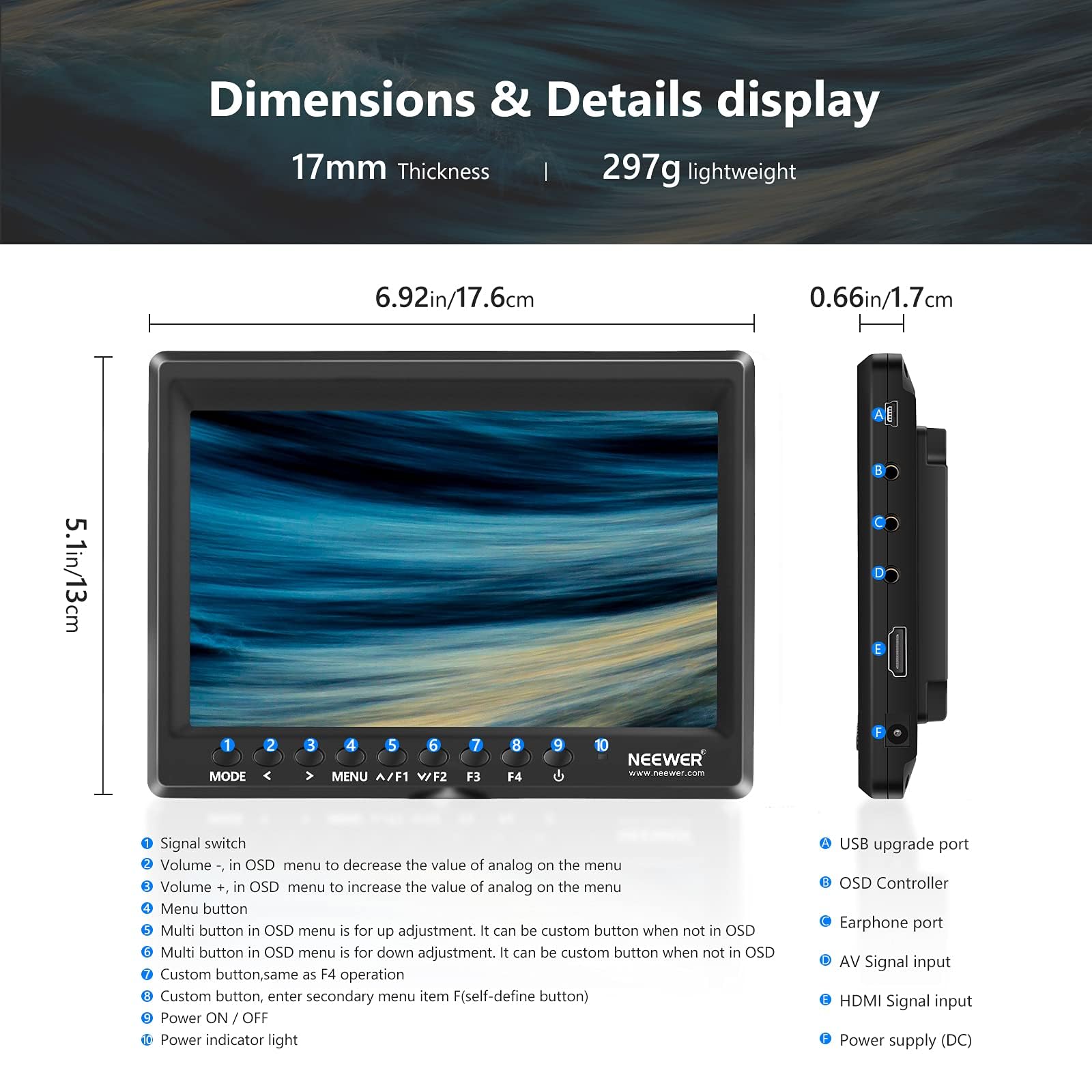NEEWER F100 7" Monitor da Campo per Fotocamera HD Video Assist IPS 1280x800 HDMI 1080p con Batteria F750 4400mAh, Parasole e Testa Sfera 360° per DSLR Camera, Stabilizzatore Portatile, Rig Video Film