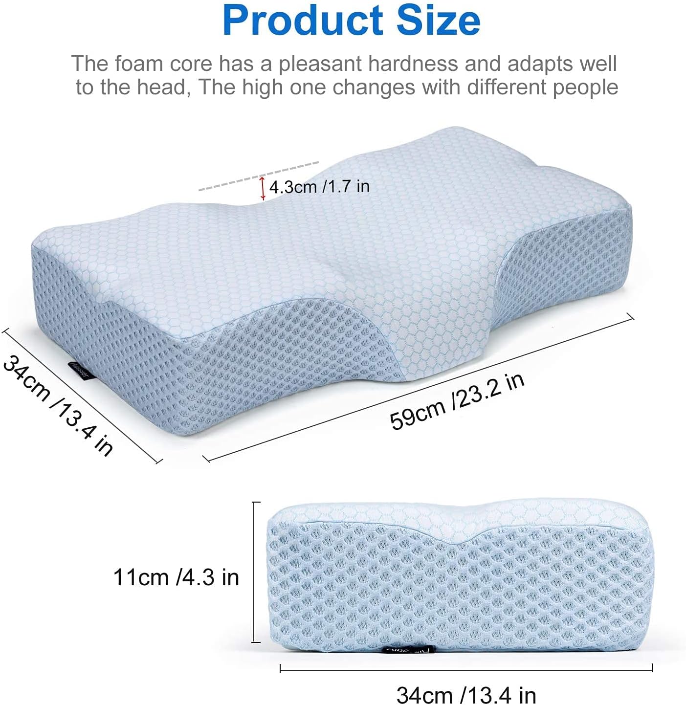 Adkwse Memory Foam Pillow, Orthopedic Contour Sleeping Pillows, Cervical Pillow for Neck Pain - Neck Support Bed Pillow for Side , Back and Stomach Sleepers, Washable Ice Silk Cover (Blue+Ice Silk) : Home & Kitchen