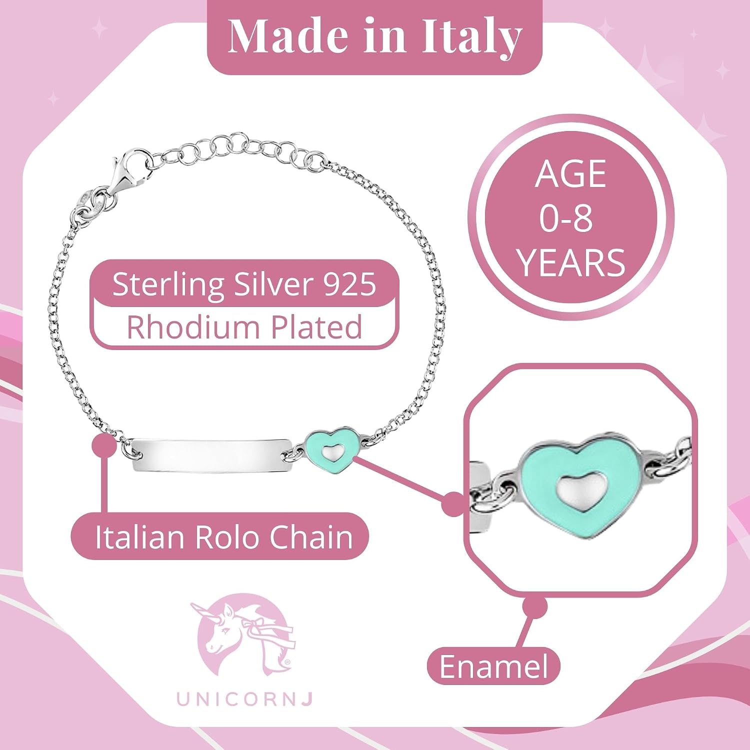 UNICORNJ Sterling Silver 925 Engravable ID Bracelet Rolo Chain for Girls Heart with Pink Enamel 6.5"