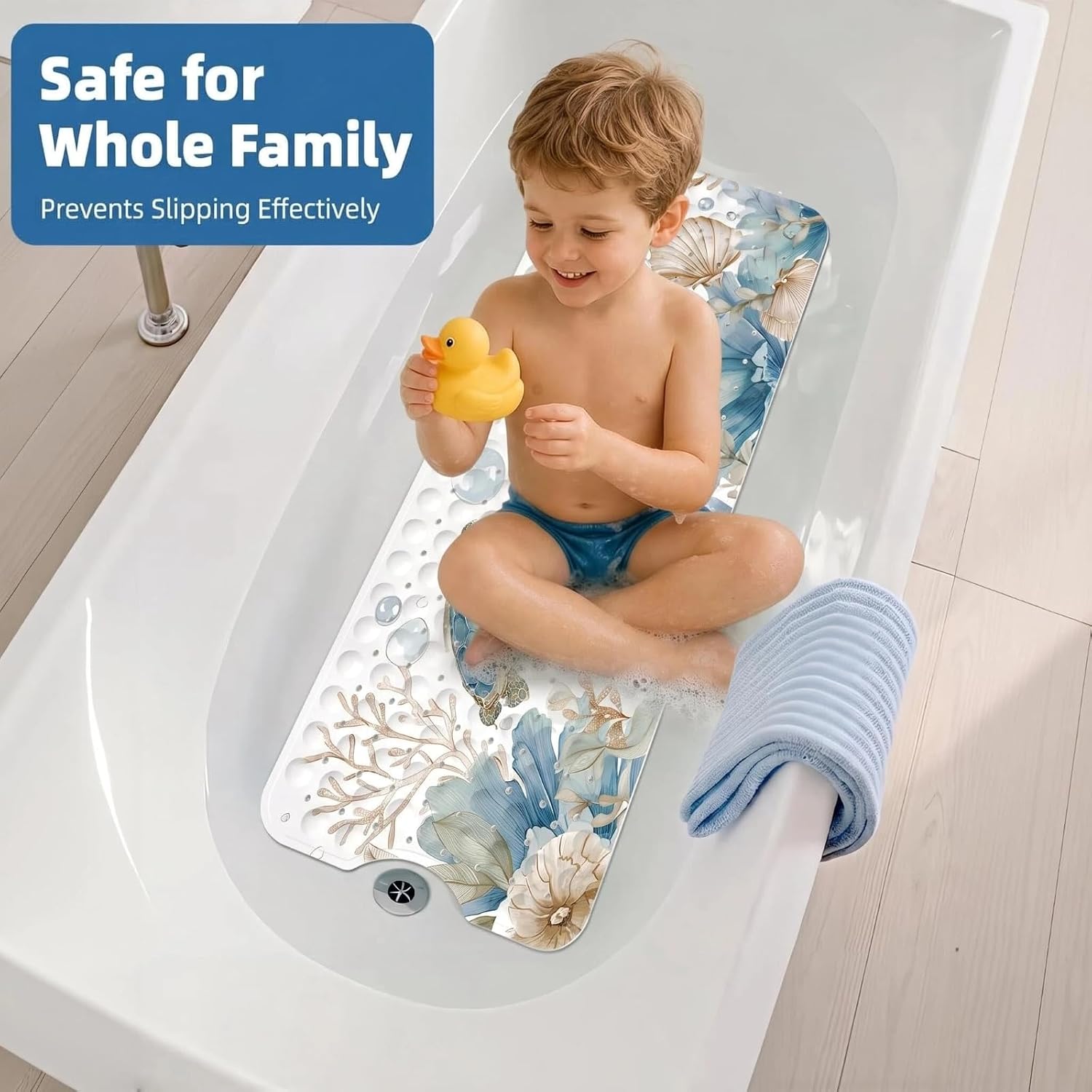 Bathtub Mat Non Slip, Shower Mats for Inside Shower with Suction Cups and Drain Holes, 40x16 Inch Bath Mat for Tub Non Slip, Quick Dry Washable Bath Mats for Bathroom, Turtle and Sea Horse