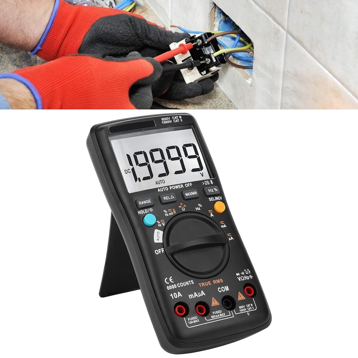 LiebeWH ZT-300AB Multimeter in use with kickstand
