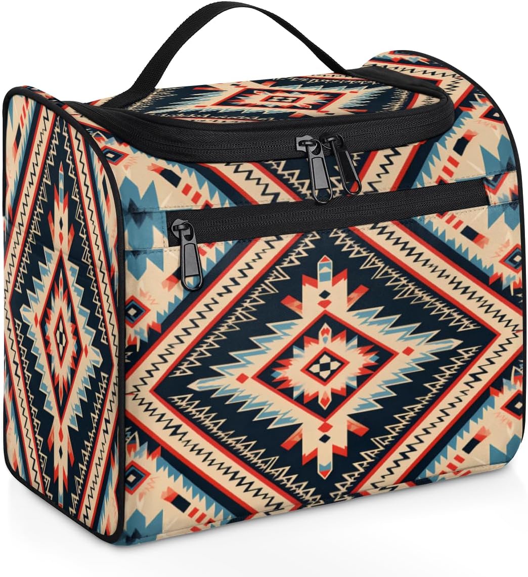 Toiletry Bag with Hanging Hook Makeup Bag Vintage Bohemian Aztec Ethnic Cosmetic Case Travel Organizer for Women Men Traveling Wash Bag