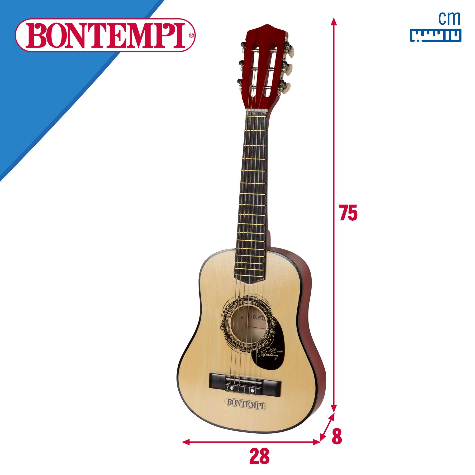 COLORBABY Bontempi Guitarra clásica de Madera 75 cm con Correa, 6 Cuerdas funcionales, Diseño Tradicional, Cuerpo Brillante, Ligera y manejable, para iniciarse en la música a Partir de 5 años (39231)