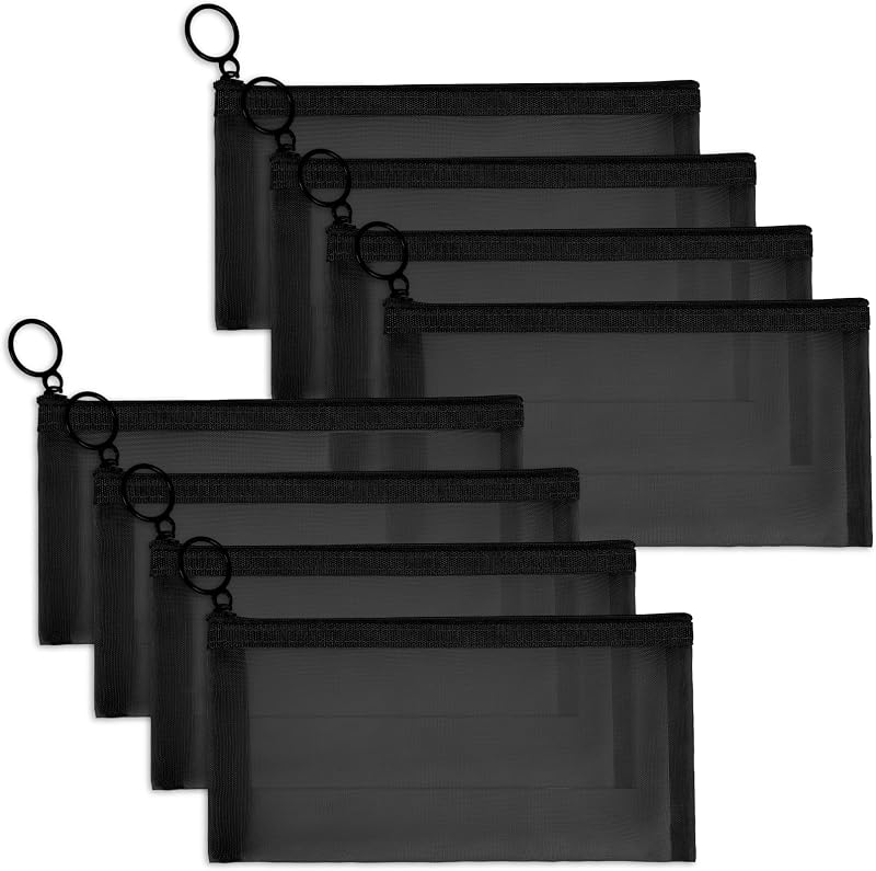 Fassave Pacote com 8 necessaires de malha de nylon com zíper, pretas, tamanho M