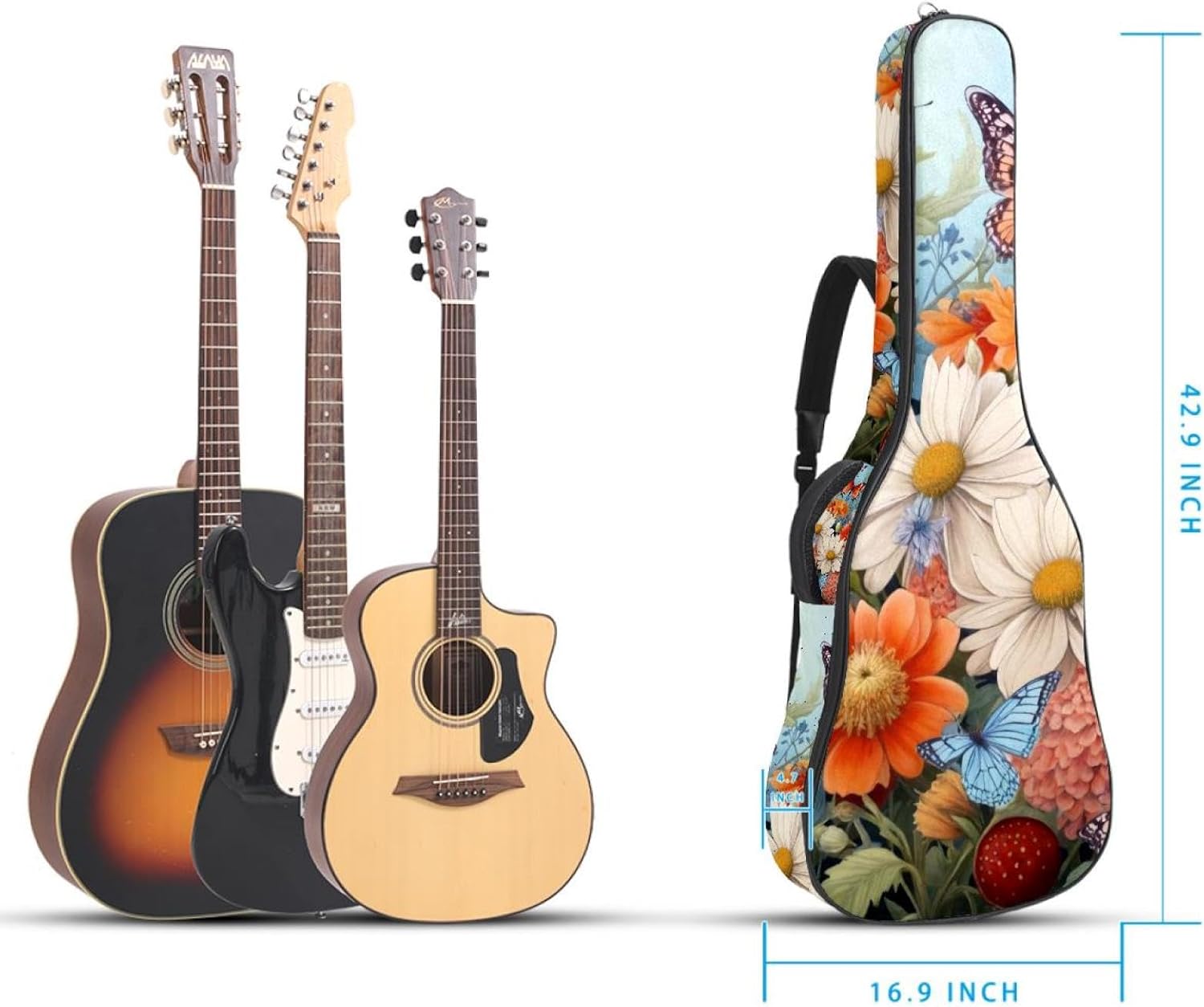 Acoustic Guitar Bag 0.4 Inch Thick Padding Waterproof Guitar Case Gig Bag for 40 41 42 Inch Electric Bass Classical Guitar, Colorful Butterflies and Flowers