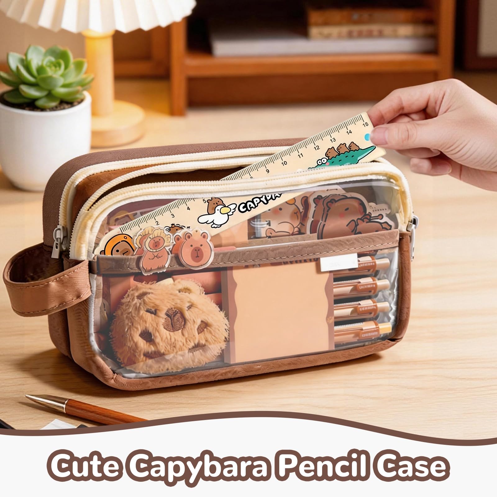 Trousse Capybara Kawaii Ensemble Papeterie avec Stylo Règle Autocollants Pins Porte-clés Blocs-Notes Grande Capacité Bureau École