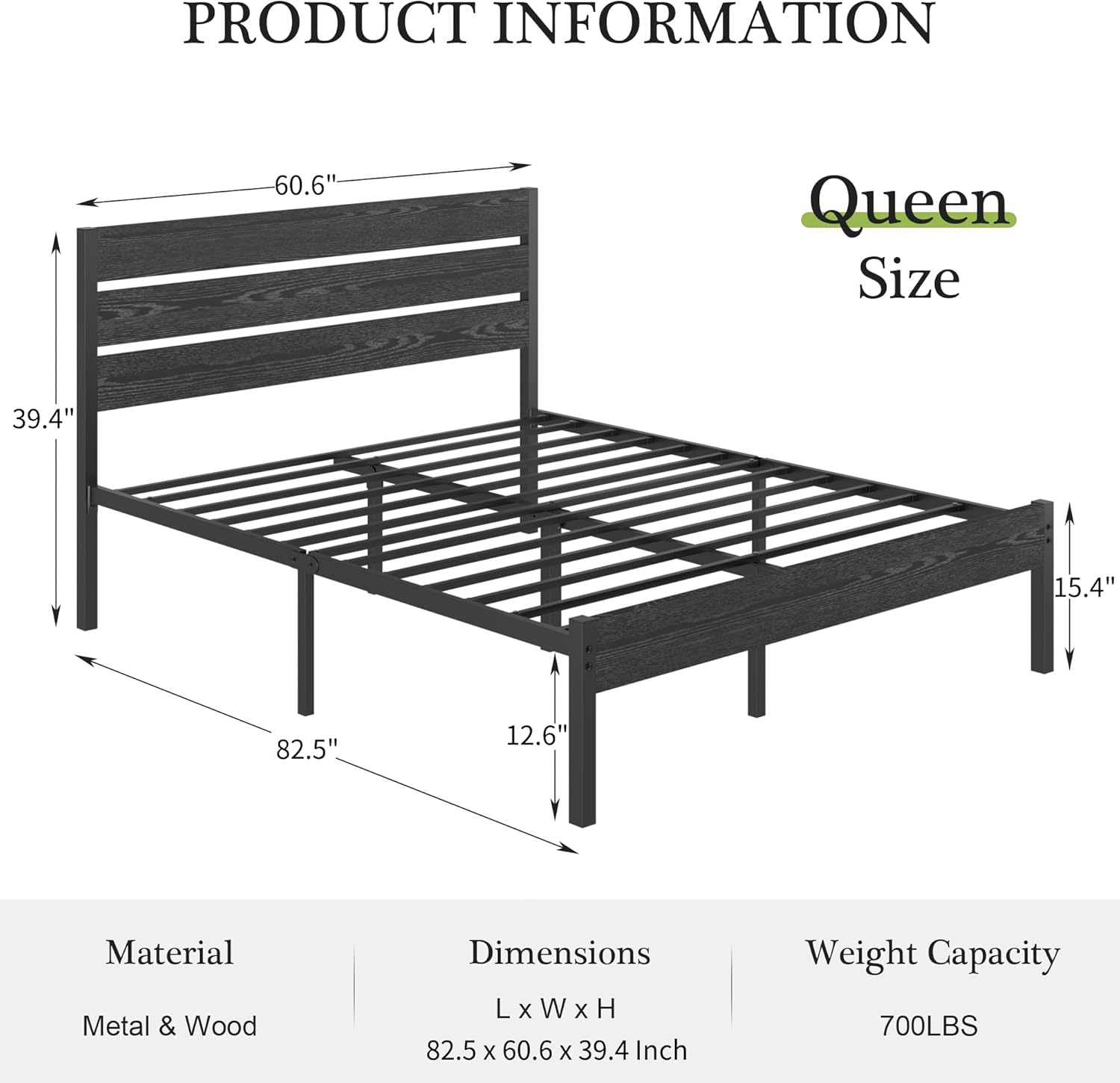 VECELO Queen Size Bed Frame - Heavy-Duty Metal Platform with Wood Headboard, No Box Spring Needed, Matte & Black