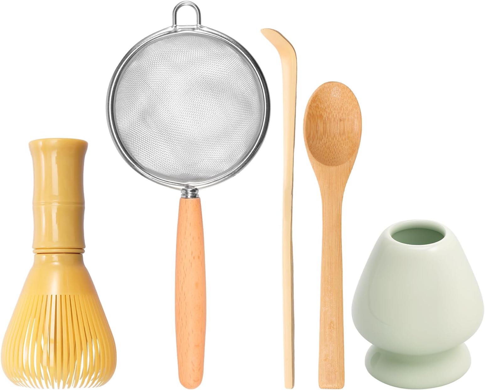 Matcha Set, 5 Pieces Matcha Stirrer Set, Matcha Broom, Includes Resin Matcha Whisk, Ceramic Whisk Holder, Tea Scoop and Tea Spoon for Matcha Tea Lovers (A)