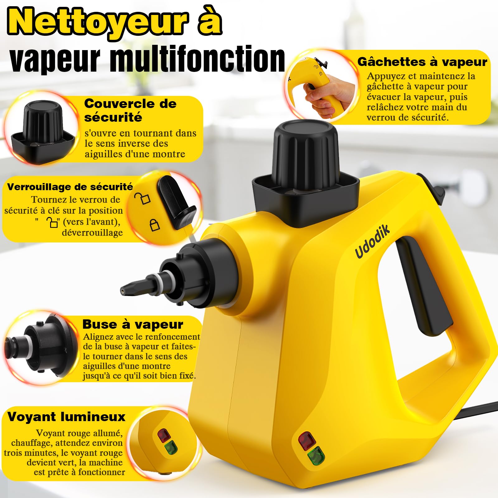 Nettoyeur vapeur portable pour la maison, multi-usages avec 10 accessoires pour tapis, rideaux, canapés, cuisine, punaises, salle de bain et plus encore (yellow)
