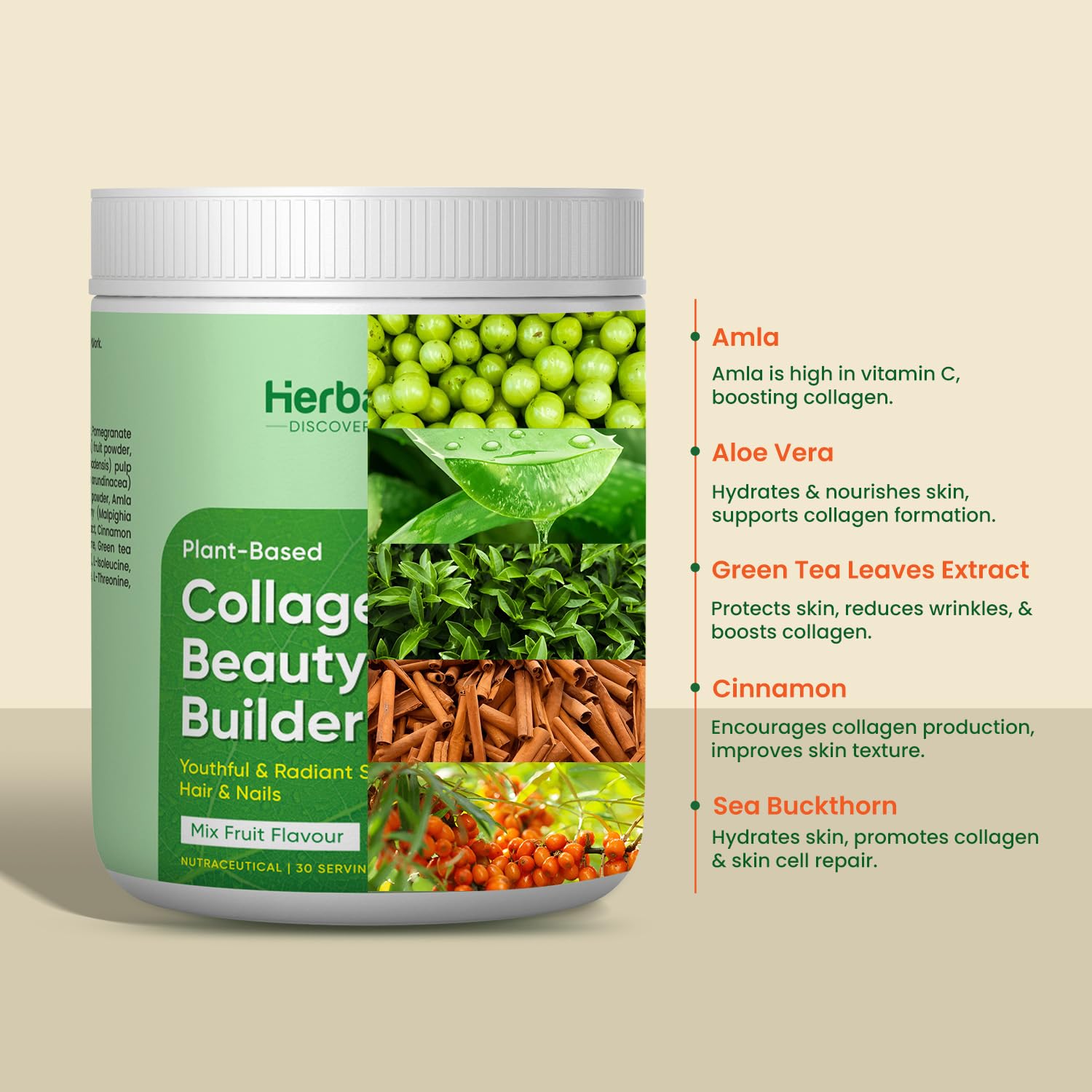 Herbalmax Veg Collagen Supplements Beauty Builder 195g | Plant-Based Collagen Powder for Hair, Skin, Nails & Joints | With Vitamin C & E | Mixed Fruit Flavour | Gluten-Free, No Added Sugar — Amazon image 6