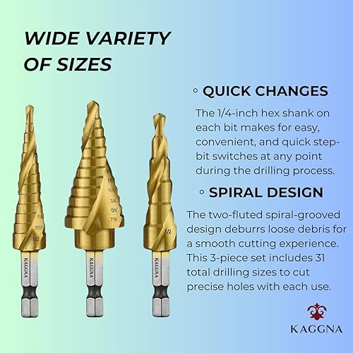 Miniatura 7 de Juego de brocas escalonadas, brocas con revestimiento de titanio, 3 piezas, ranuradas en espiral para una perforación más rápida, brocas para acero