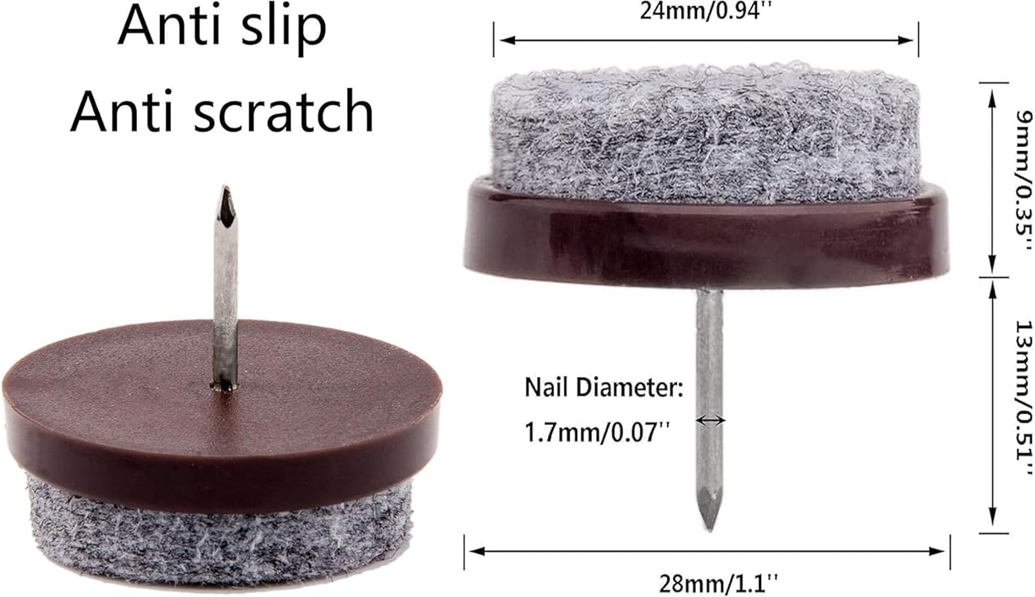 MR. DIY Crafts 16 Pcs, Nail-On Furniture Pads with Felt Glides, Floor Protector Sliders (16, Brown, 2 x 2 cm)