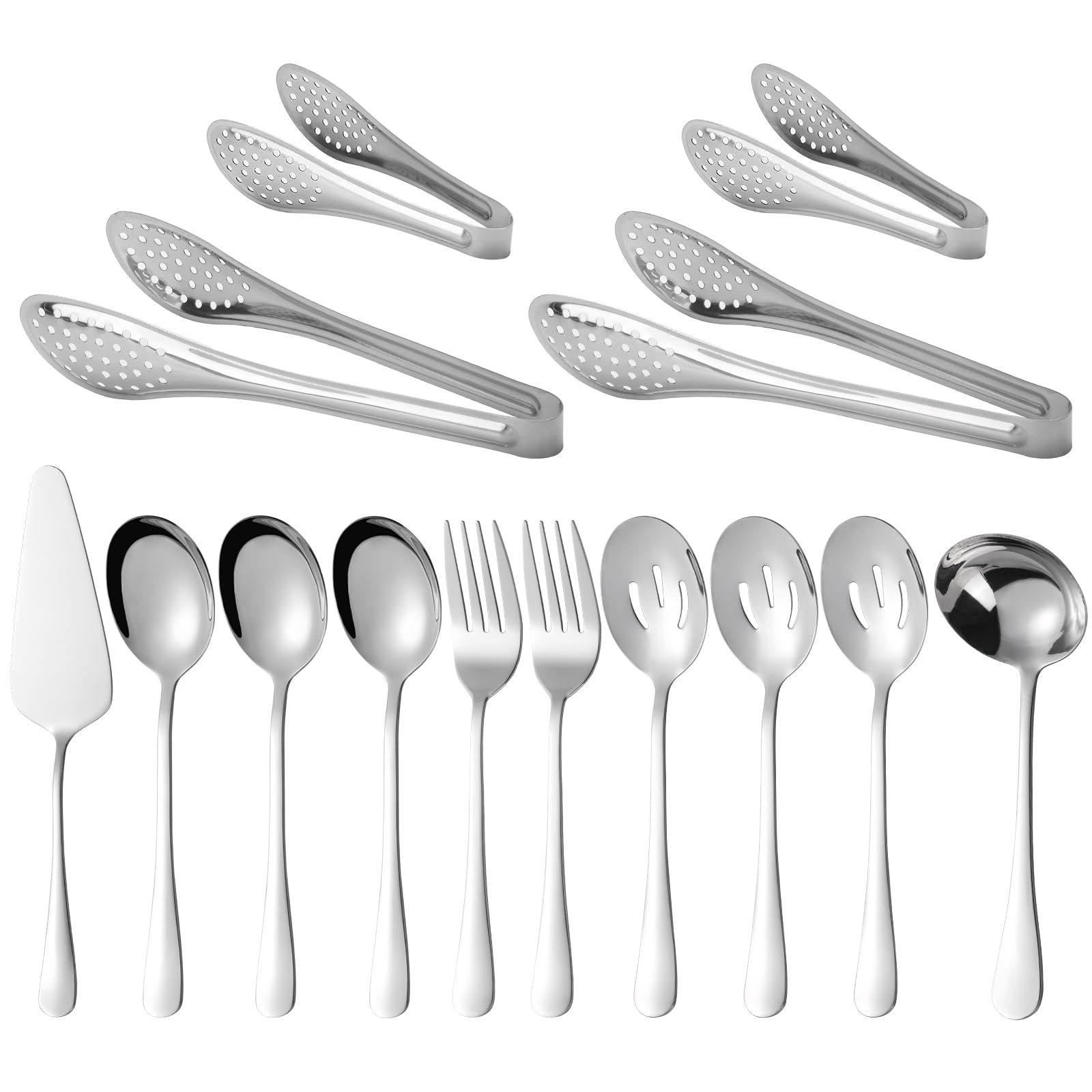14 PCS Stainless Steel Serving Utensils Set-Serving Spoons,Slotted Spoons, Serving Forks, Serving Tongs,Soup Ladle, Appetizer Tongs, Pie Server for Buffet Catering Entertaining Banquet Party