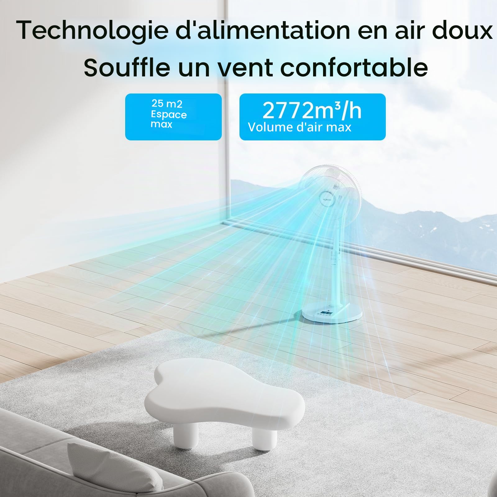 4UMOR Ventilateur sur Pied Ultra Silencieux 20dB avec Télécommande 2772m³/h DC Moteur Brushless 24W 4 Modes 9h Minuterie 9 Vitesses Oscillation Hauteur Ajustable pour Maison Chambre Bureau