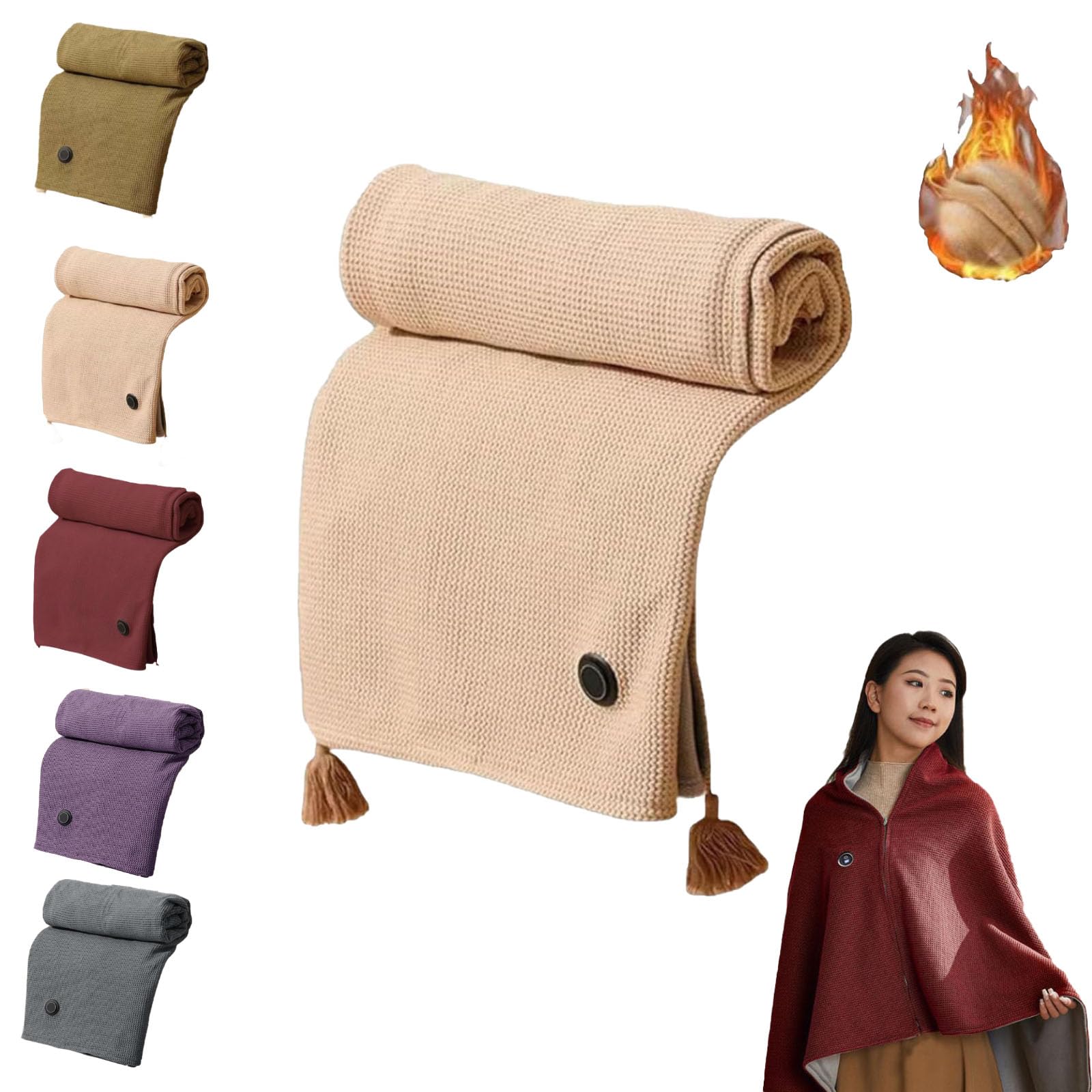 Freelady Heated Shawl, Portable Heated Blanket Cordless,15 Seconds Quick Heating Instant Warmth, 3 Heat Settings, Washable and Rechargeable Heated Poncho for Women (Khaki)