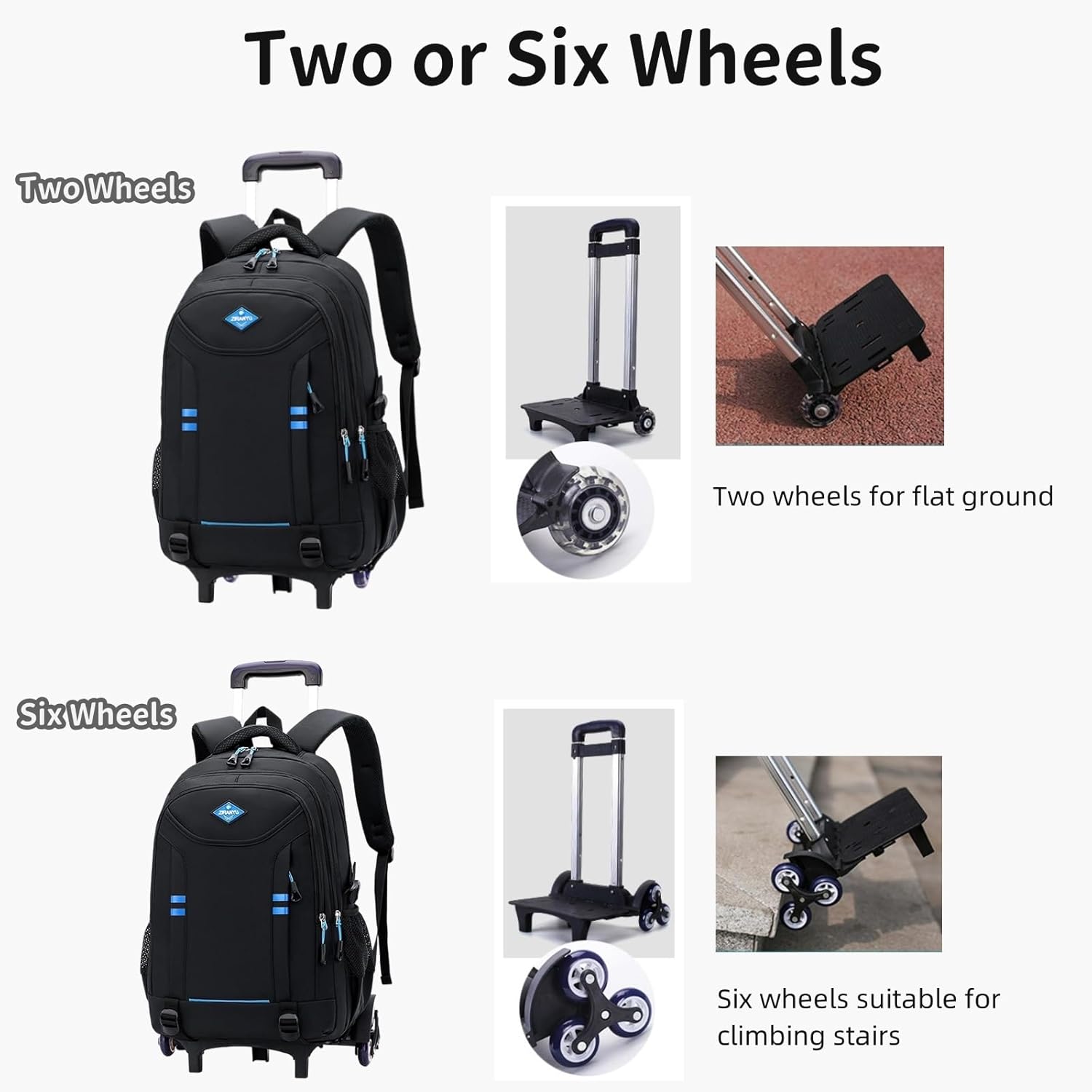 Rolling Backpack for Boys Elementary School Bag with Wheels Travel Trolley Bag 2 wheels and 6 wheels - Image 4