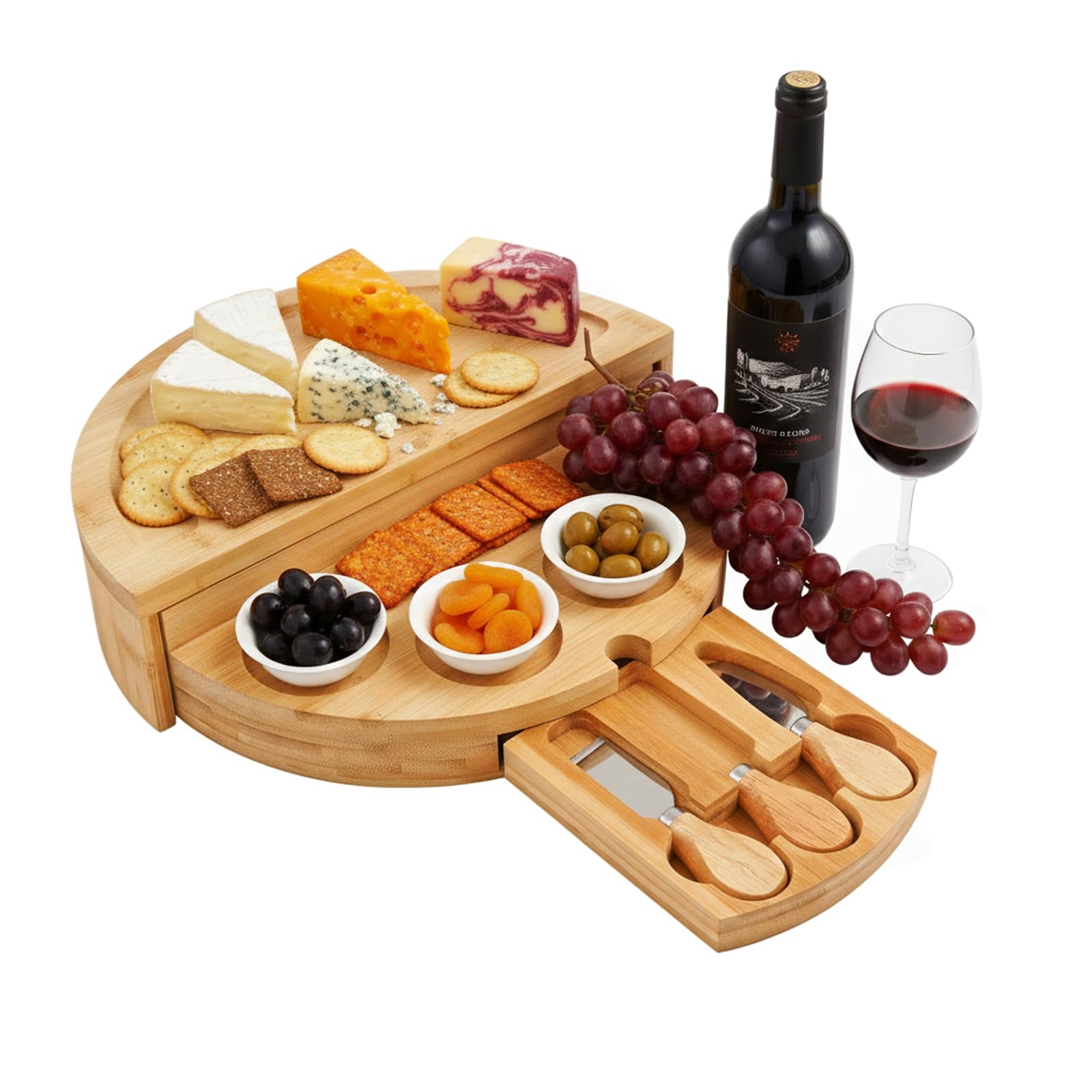 Ensemble de planches à fromage rondes en bambou avec couteaux à fromage et 4 bols en céramique, plateau de service rotatif de 32,5 cm, planche de service durable pour charcuterie, plateau à fromage