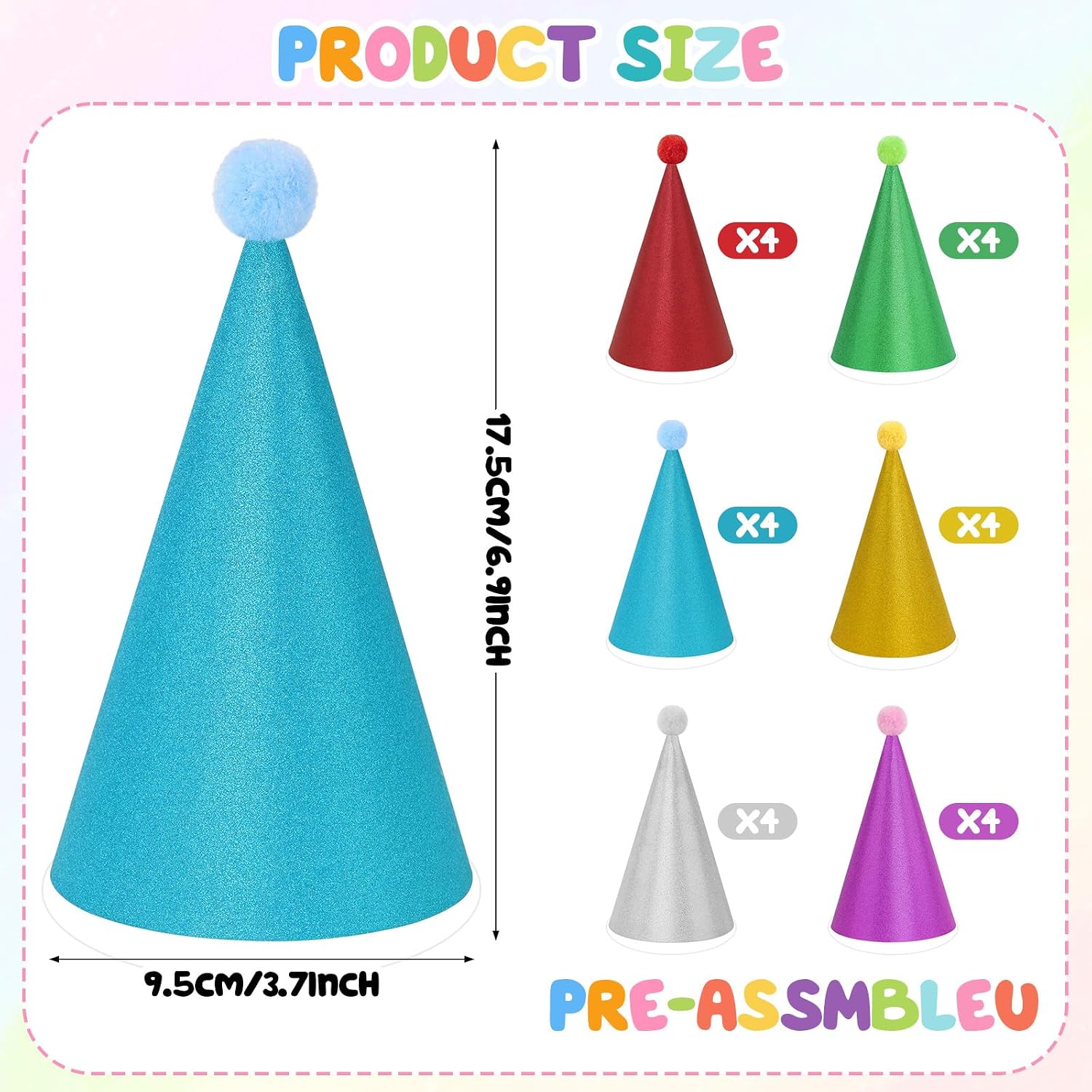 24 Pcs Pre-Assembled Glitter Party Hats for Adults Paper Birthday Hats with Pom Poms Bulk Pack for Women and Men
