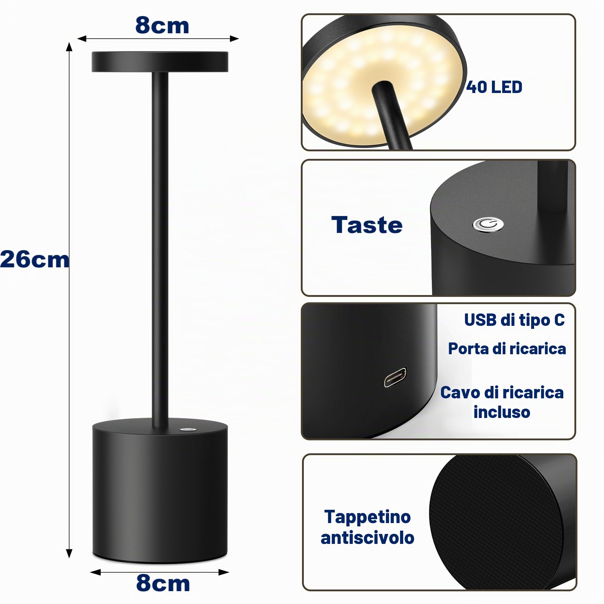 Lampada da Tavolo Senza Fili, Avere 2 Modalità di Illuminazione Luce di Lettura Dimmerabile, LED Lampada da Scrivania Ricarica USB in Metallo Creativa, Per Ristorante/Terrazza/Dormitorio (Nero)