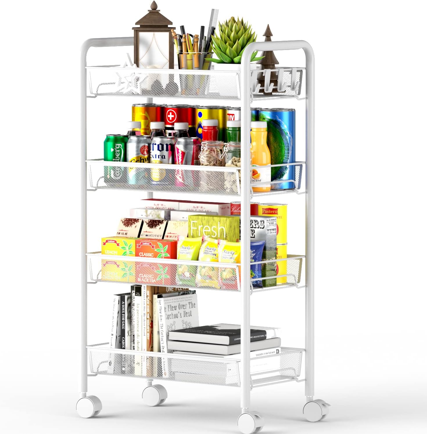 Ovicar 4 Tier Mesh Wire Rolling Cart, Kitchen Storage Organizer Utility Cart, Full Metal Basket Storage Art Trolley Carts with Wheels & 4 Side Hooks