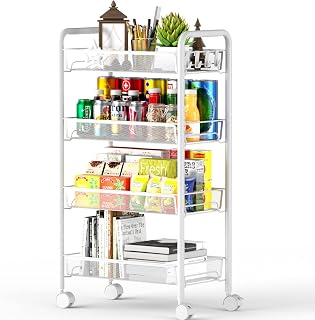 4-Tier Mesh Rolling Cart - 35 BLS/Tier Full Metal Cart with Wheel & 4 Hooks