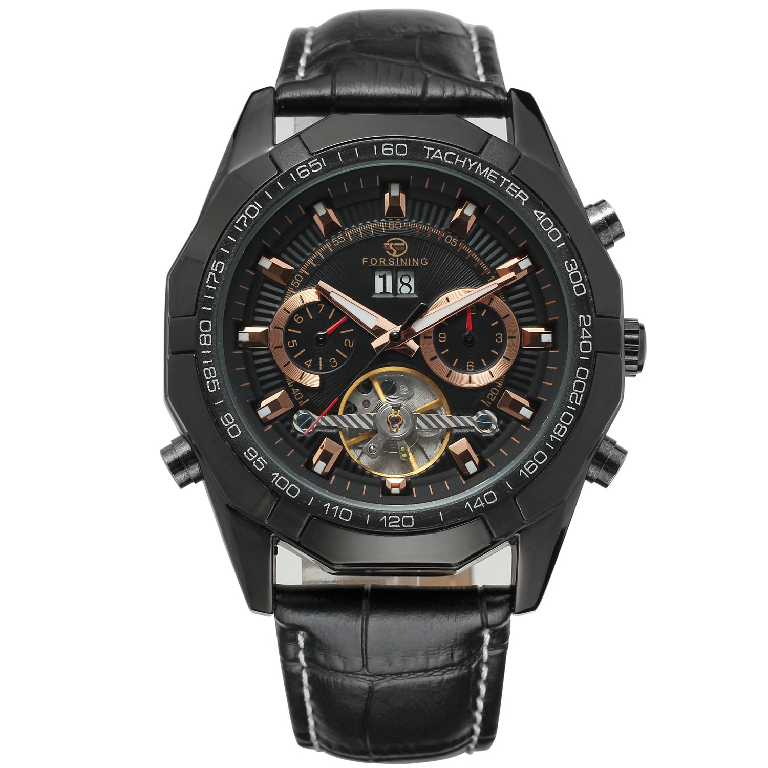 Forsining Orologio da polso da uomo a carica automatica originale Tourbillion calendario cinturino in pelle FSG340M3B1, nero, multifunzione