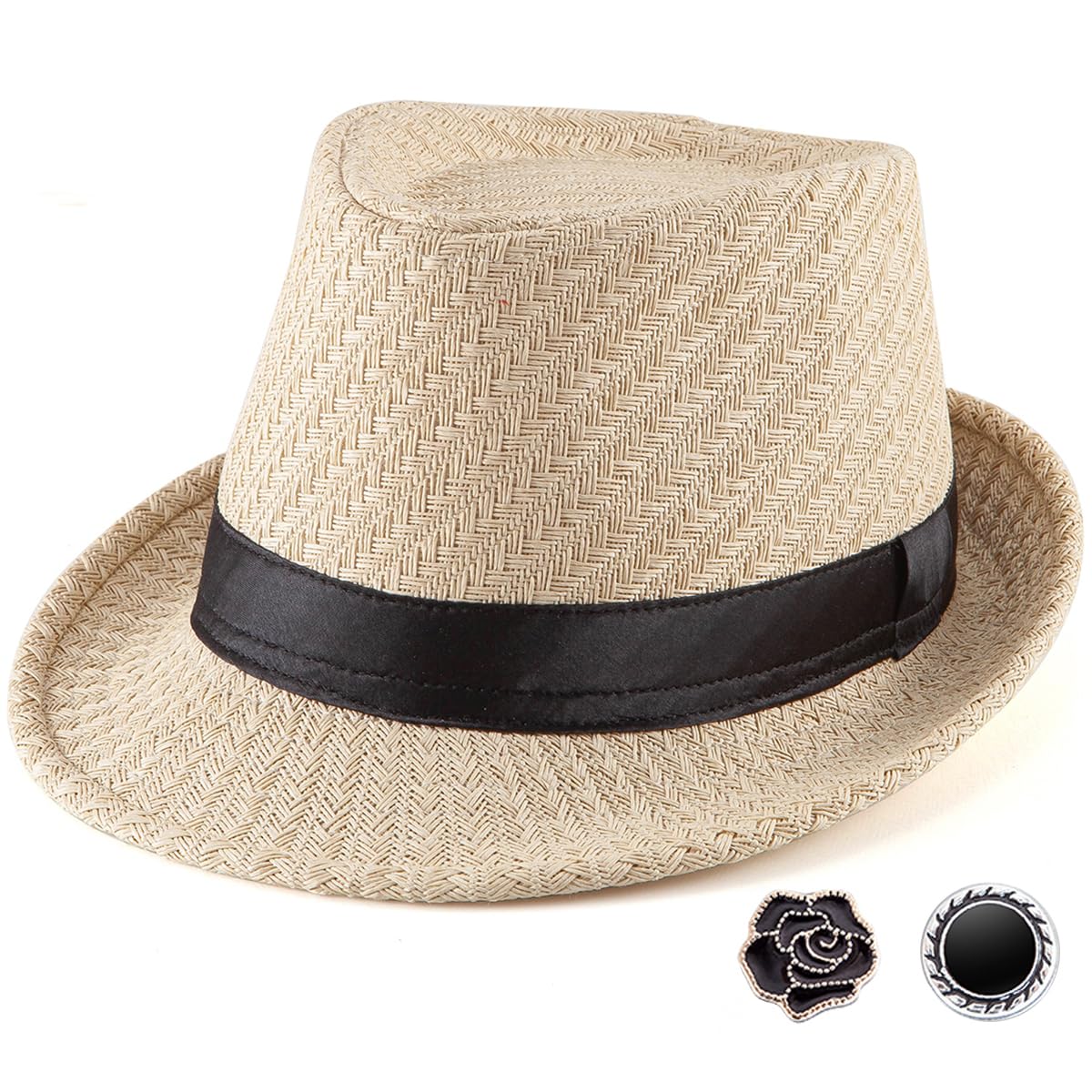 LADYBRO Chapeau de Paille d'été Trilby pour Homme - Bord Court des années 1920 - en Feutre de Laine - 58 cm