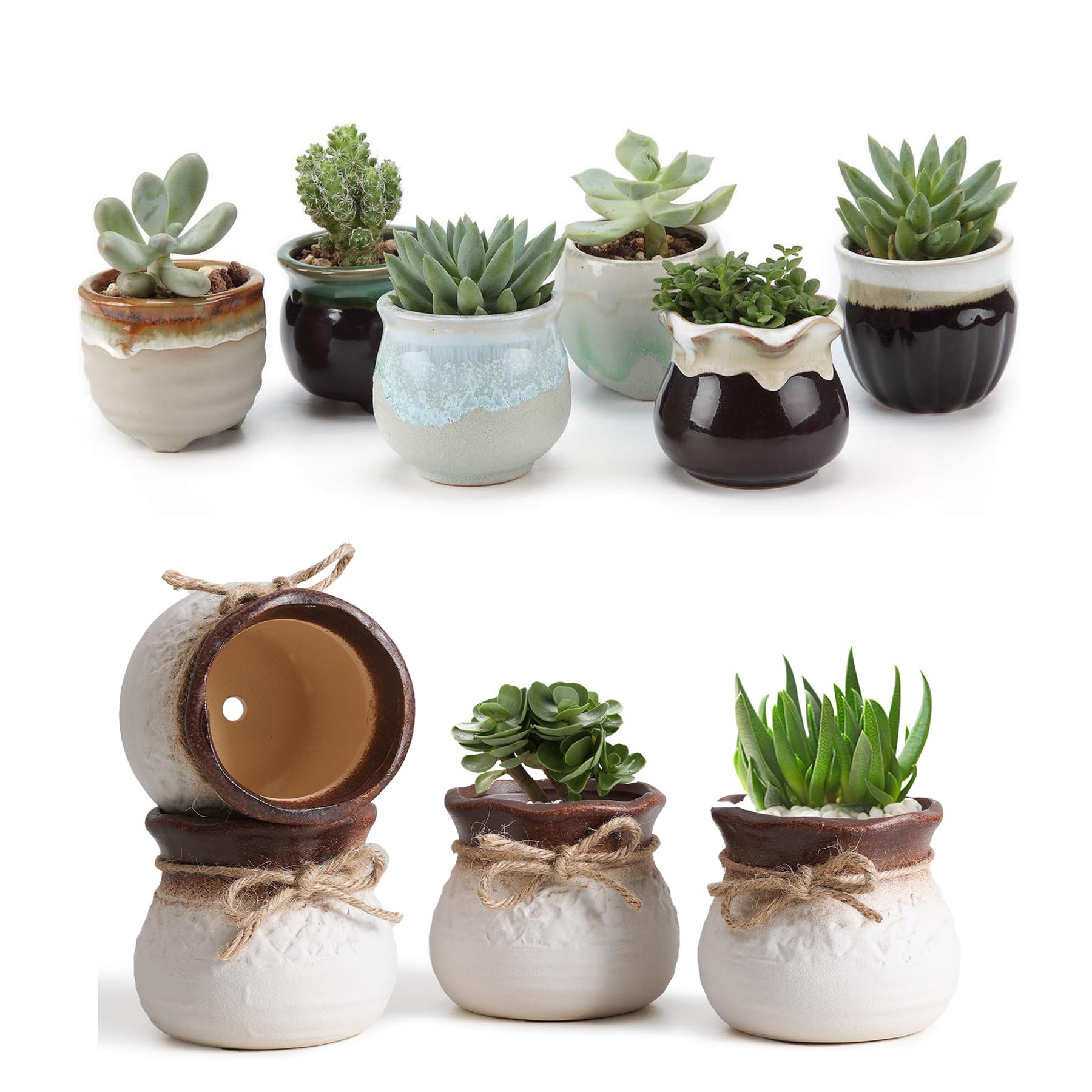 T4U Small Ceramic Succulent Pots with Drainage Set of 10