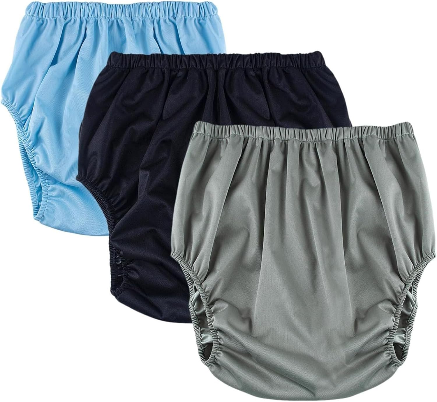 3 Pcs Reusable Adult Diaper Covers, Waterproof Leakproof Incontinence Underwear for Men & Women, Plastic Pants (Small, Purple+White+Blue) - Comfortable & Dist (Blue+Black+Grey Large)